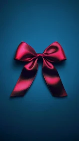 Satin red ribbon bow rests centered on deep teal background