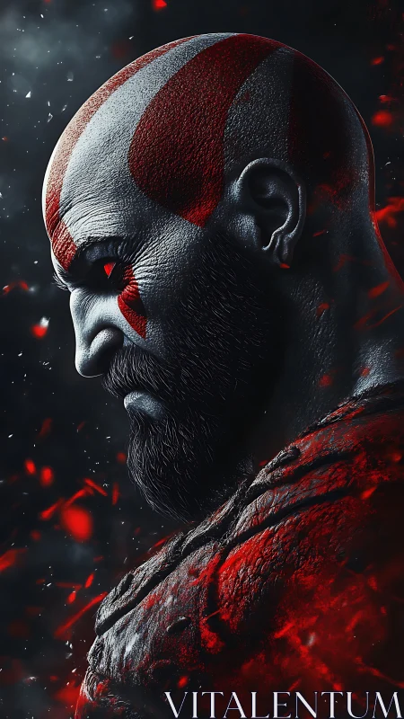 Stoic warrior profile in red war paint and dark armor.