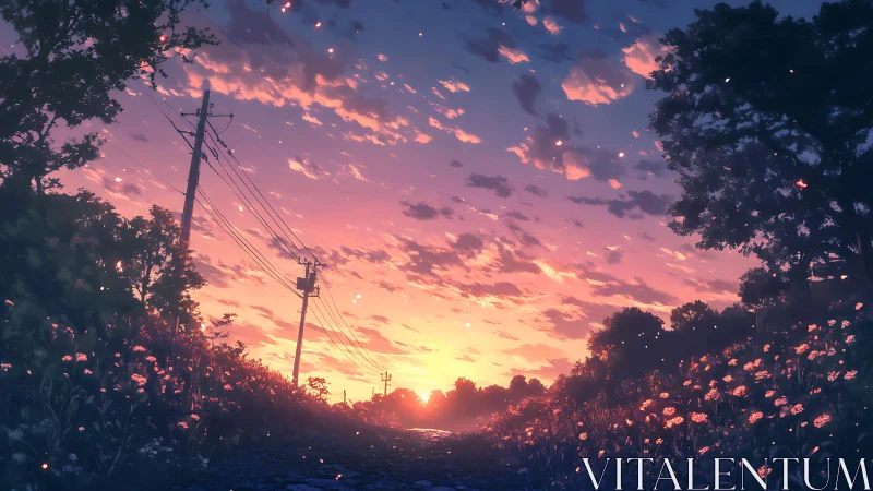 Glowing country road where sunset and wildflowers linger.