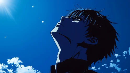 Profile view shows anime figure observing bright daytime sky