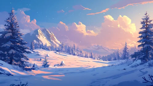 Sunlit winter mountains glow beneath pastel evening sky.