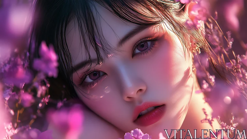 Hyperreal floral portrait isolates a luminous, violet gaze