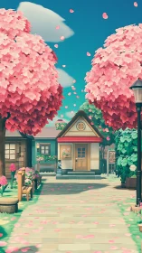 Tree-lined path leads to small house under stylized sky