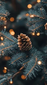 Single pine cone on illuminated evergreen branch at night.