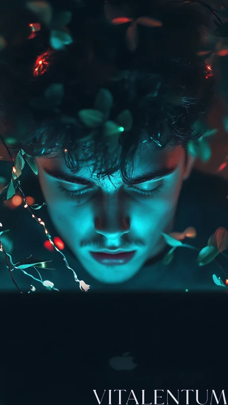 Cyberpunk portrait with teal underlighting and bokeh foliage glow.