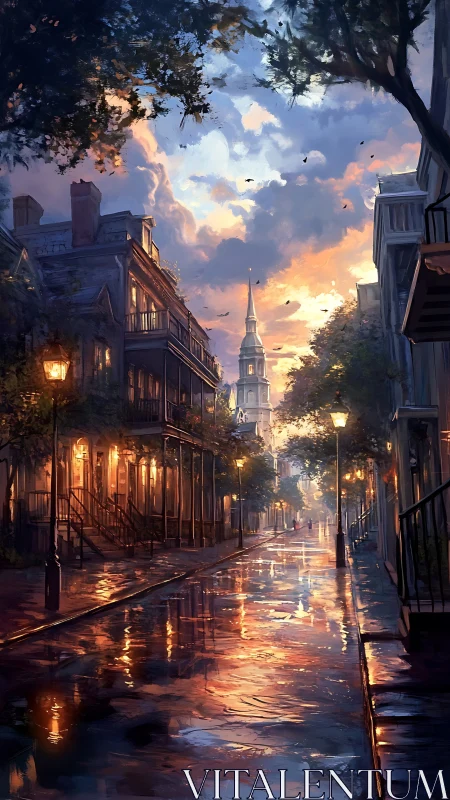 Rain-washed street at dusk with glowing lamplight reflections.