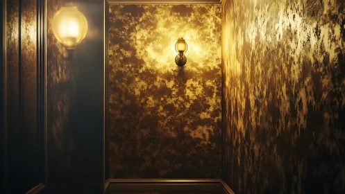 Warm vintage corridor glows with textured golden walls