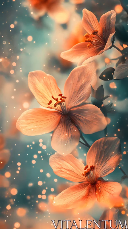 Luminous Petals Dance: Coral Flowers Shimmer in Ethereal Bokeh.