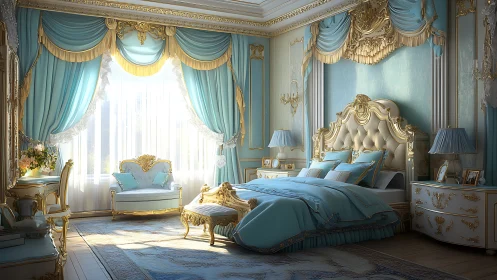 Opulent blue and gold neoclassical bedroom interior design.