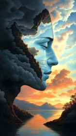 Dreamy sky spirit resting between mountains and sea.