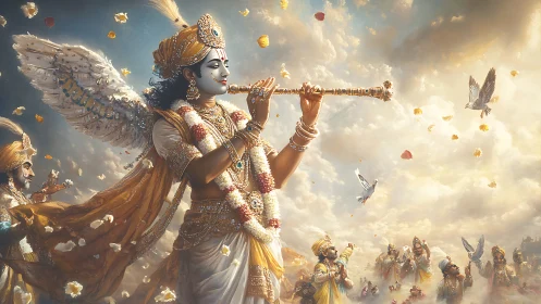 Divine winged musician in celestial golden cloudscape panorama.
