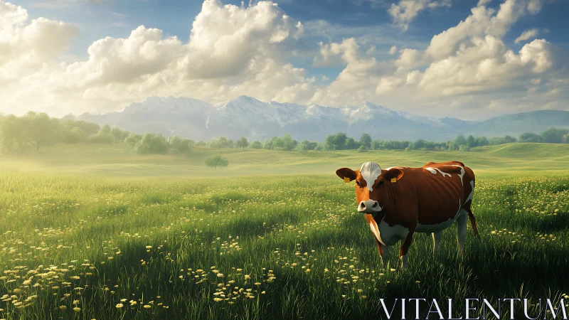 Photorealistic bovine portrait in sunlit alpine meadowscape.