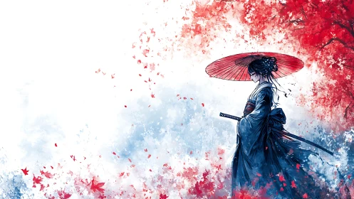 Samurai geisha silhouette amid red maple watercolor bloom.