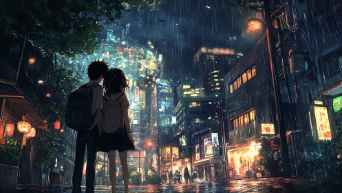 Two students share a quiet moment in a neon city rainstorm