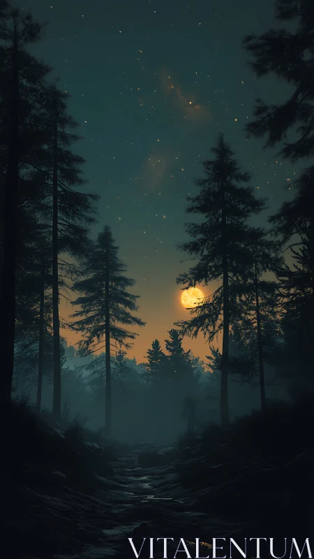 Moonlit Forest Path Through Coniferous Trees.