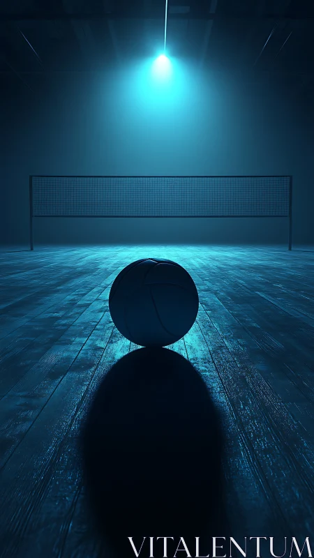 Volleyball court under blue spotlight with lone ball.