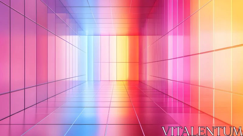 Vibrant Futuristic Corridor with Colorful Neon Lights and Reflections.