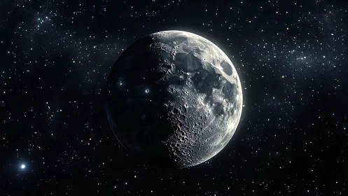 Lunar surface in partial illumination against dense starfield.