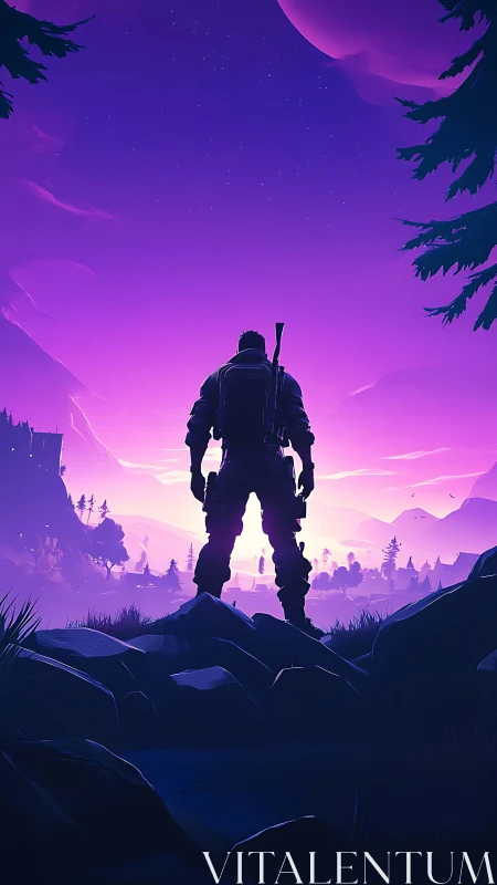 Stargazing adventurer over neon valleys at purple dusk.