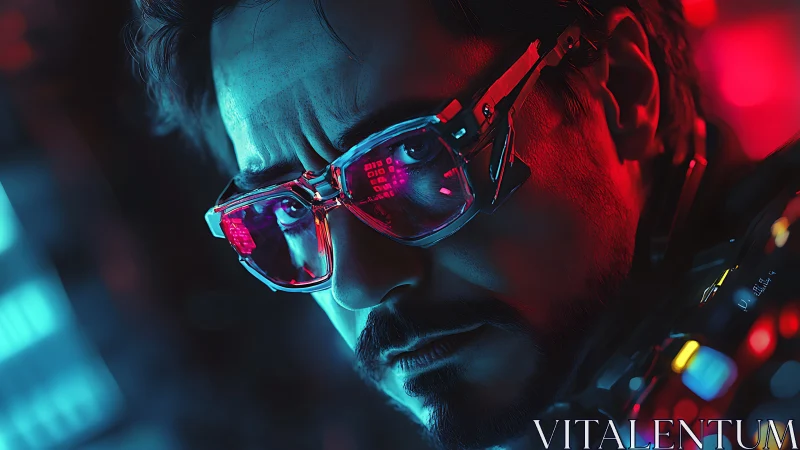 Cybernetic engineer in dual-tone HUD glasses, neon-lit closeup