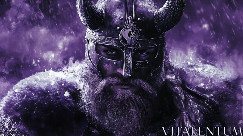 Brooding violet viking warrior under a storm of ghost snow.