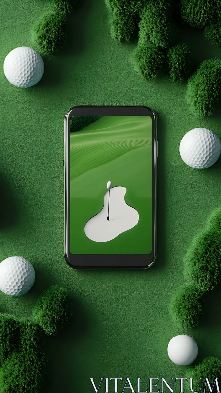 Digital golf course mockup with smartphone product focus.