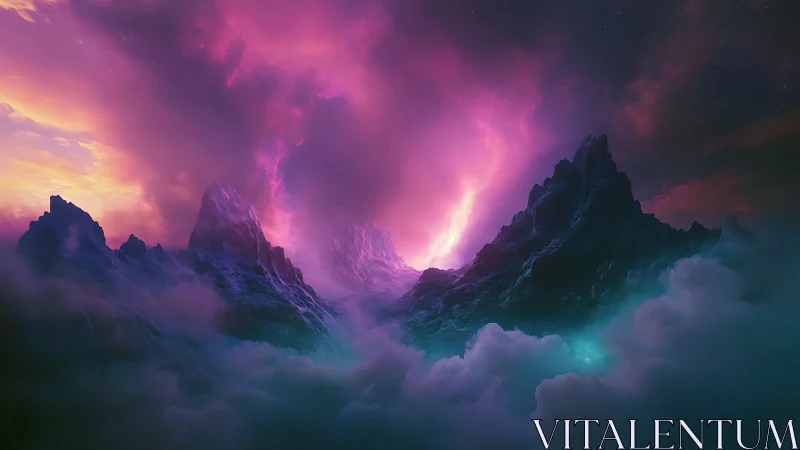 Dreamlit mountains cradled in swirling violet sky glow.