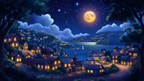 Cozy lakeside village under bright full moon night sky.
