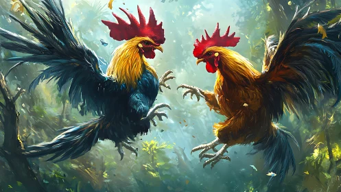 Two Roosters in Confrontation: Dynamic Digital Painting with Atmospheric Forest Rendering