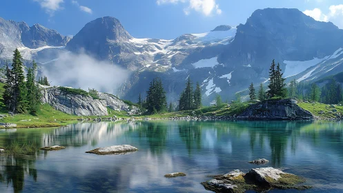 Alpine lake reflects snowcapped peaks under clear sky.