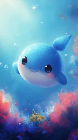 Cute blue whale drifts above glowing coral reef garden