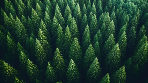 Dense Evergreen Pine Forest Aerial View in Natural Green Tones.