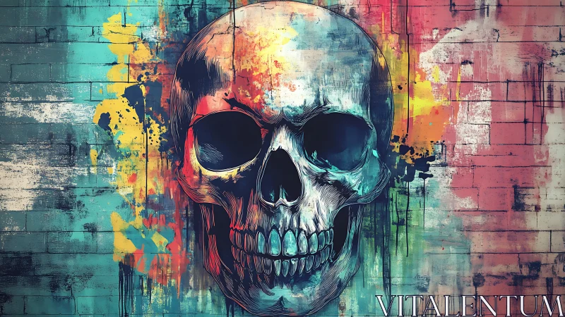 Chromatic skull mural with expressive splatter textures.