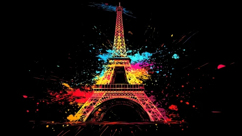 Chromatic Eiffel Tower outline with dispersed paint effects.