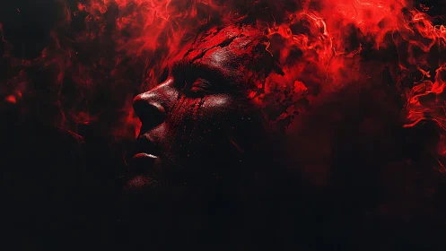 Side-lit human profile dissolving into red particulate flame field