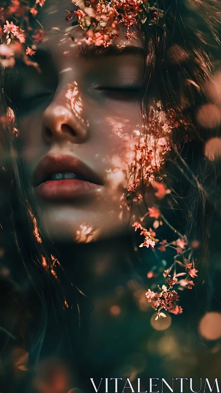 Woman’s face in soft floral shadows and warm bokeh glow.