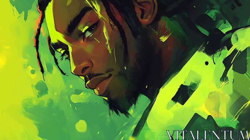 Neon-bathed gaze of a thoughtful dreamer in electric greens.
