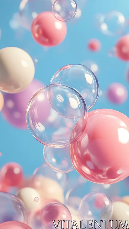 Pastel glossy bubbles floating in bright blue space.