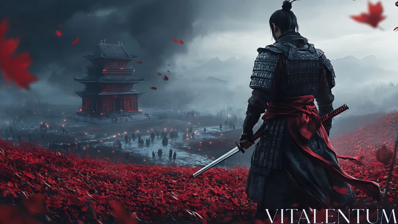 Samurai overlooking red field and distant fortified temple.