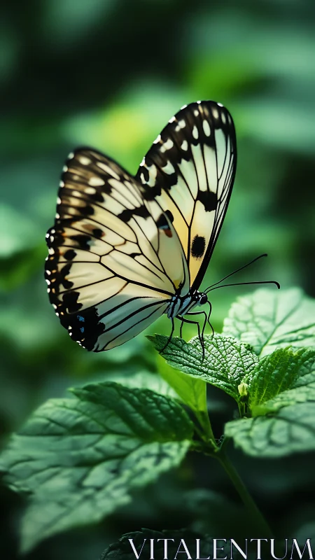 Macro study of white black-veined butterfly on green foliage