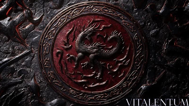 Embossed dragon crest set into dark molten stone surface