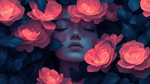 Closed-eyed female face is framed by stylized roses and leaves