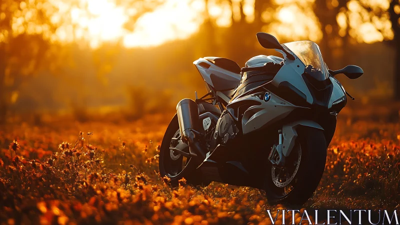 Sport motorcycle glows under golden sunset field light.