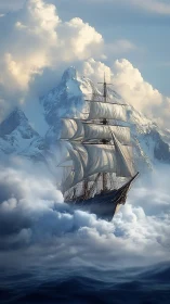 Tall ship sails through clouds below towering icy peaks