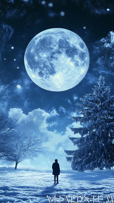 Solitary figure watches an enormous winter moon in silence