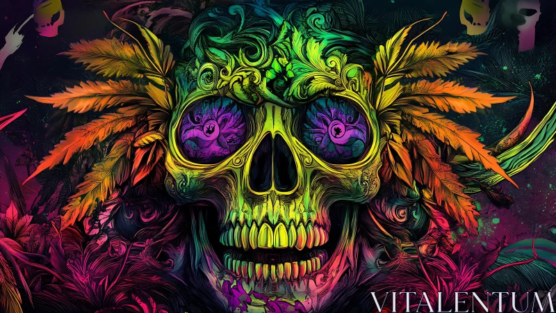 Psychedelic neon skull merges floral foliage and swirling eyes