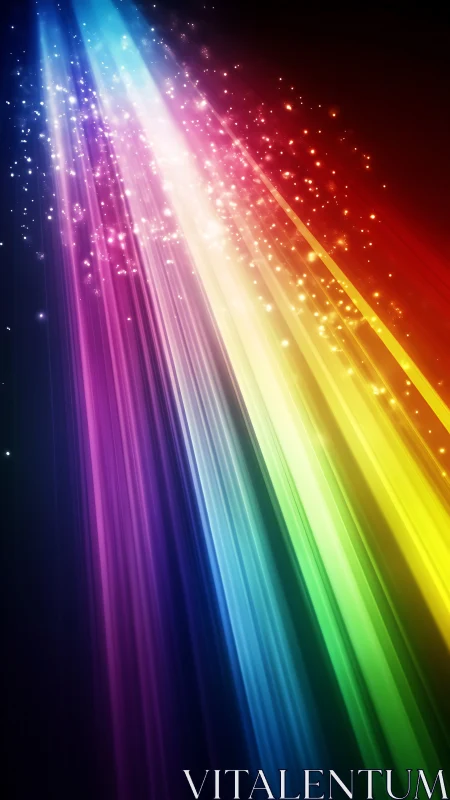 Prismatic light beams with sparkling particle trails.