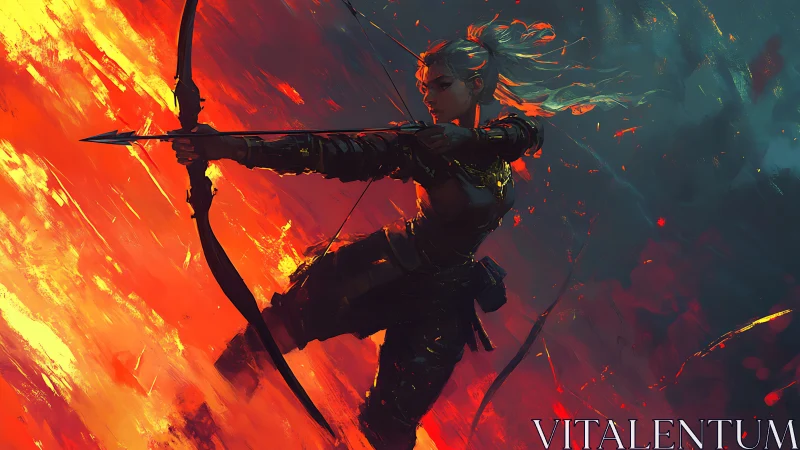 Armored female archer aiming amid fire and darkness.