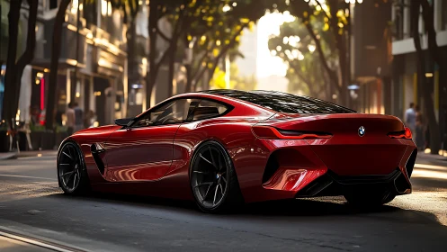 Red sports coupe glows against a sunlit modern city street