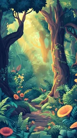 Illuminated forest interior with twisted trees and undergrowth.